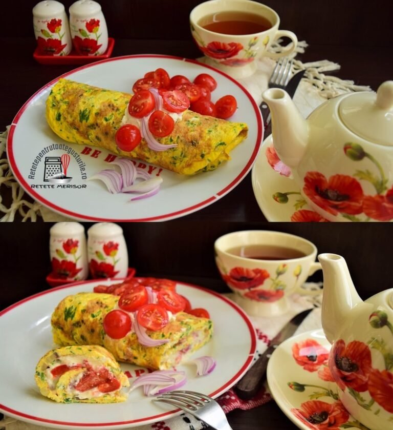Pentru că suntem în plin sezon al ardeilor și ne plac mult ardeii copți, am pregătit pentru un mic dejun de weekend, această rețetă de omletă umplută cu brânză și ardei copt.